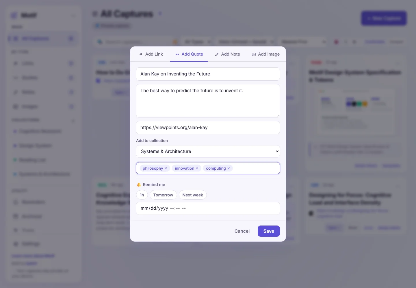 Quote capture form with source URL and tags; collection assignment is a Pro feature