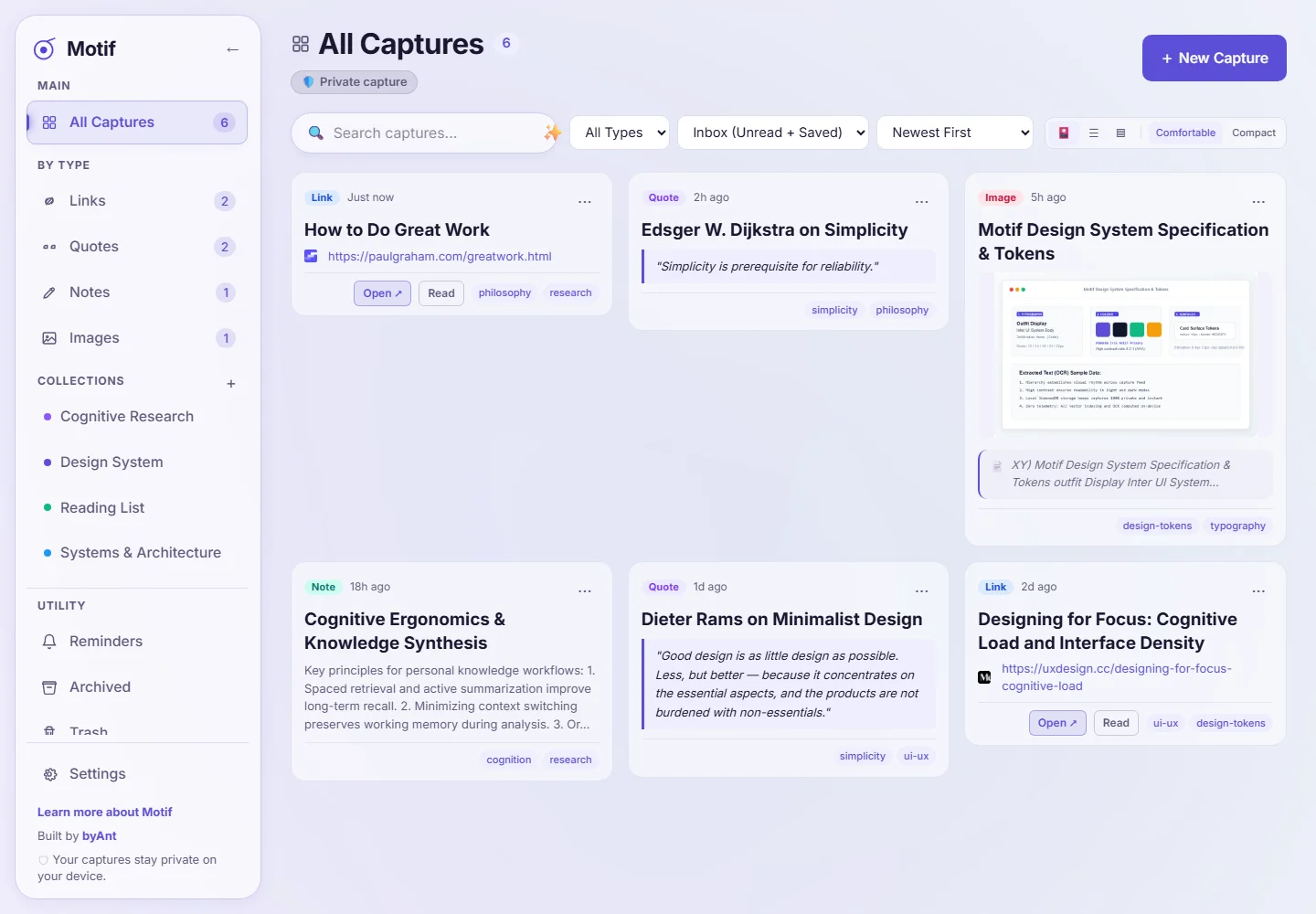 Motif workspace with saved links, quotes, a note, and an image, with Pro collections in the sidebar